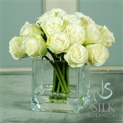 Rose Buds in Square Glass Vase 9" Green
