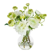 Dahlias and Ranunculus in Glass Vase 11" White