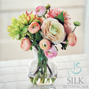 Dahlias and Ranunculus in Glass Vase 11" Pink Green