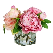 Peonies in Square Glass Vase 10" Pink